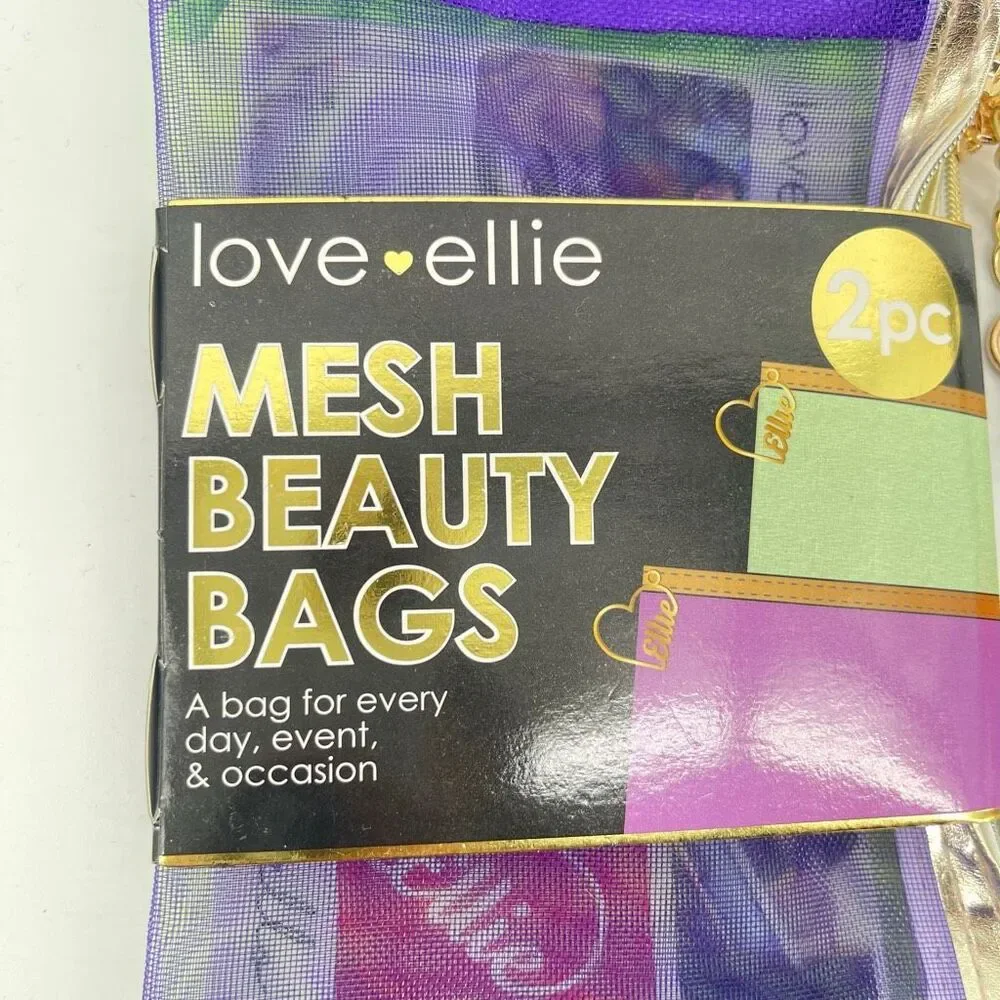 Love Ellie 2Pc Mesh Beauty Bags Set Purple Green Travel Cosmetic Pouches NIP